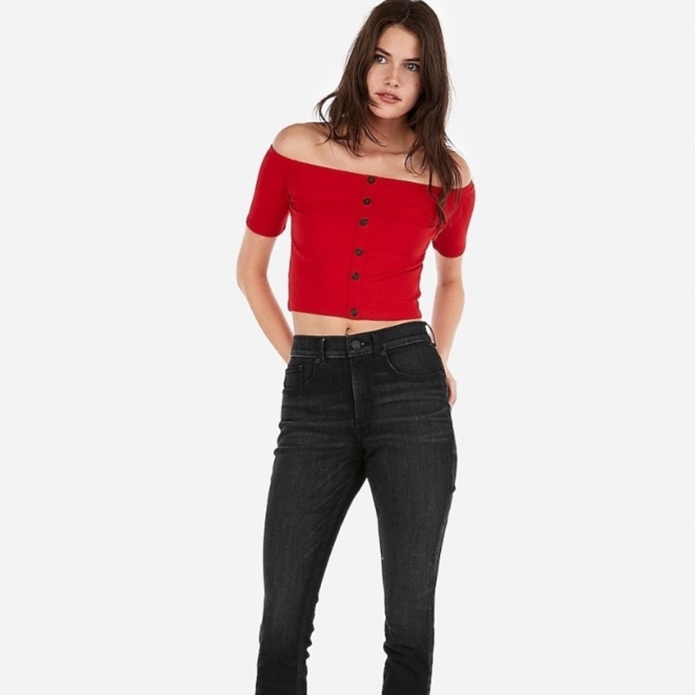 Olivia Culpo Cropped Off The Shoulder Button Top